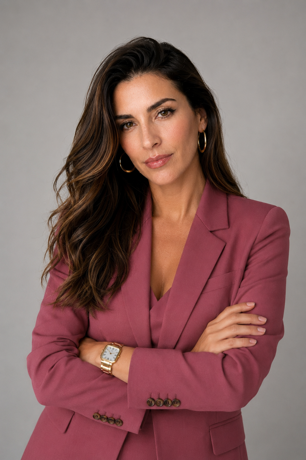 Retrato corporativo con blazer color burdeos